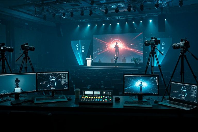 Transmissão ao vivo evento corporativo com telão, câmeras profissionais e mesa de controle de streaming_-compressed