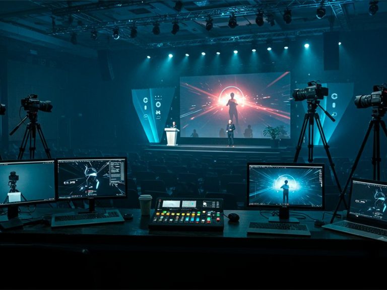 Transmissão ao vivo evento corporativo com telão, câmeras profissionais e mesa de controle de streaming_-compressed
