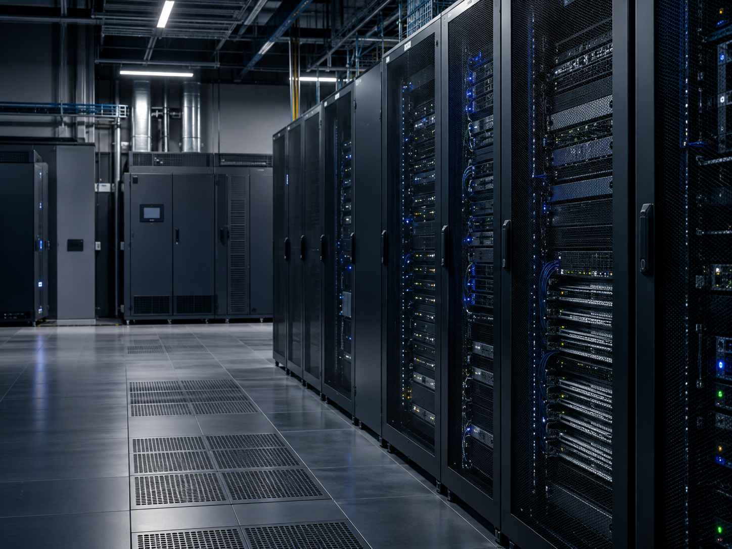 Data center com racks, servidores, redes e infraestrutura crítica