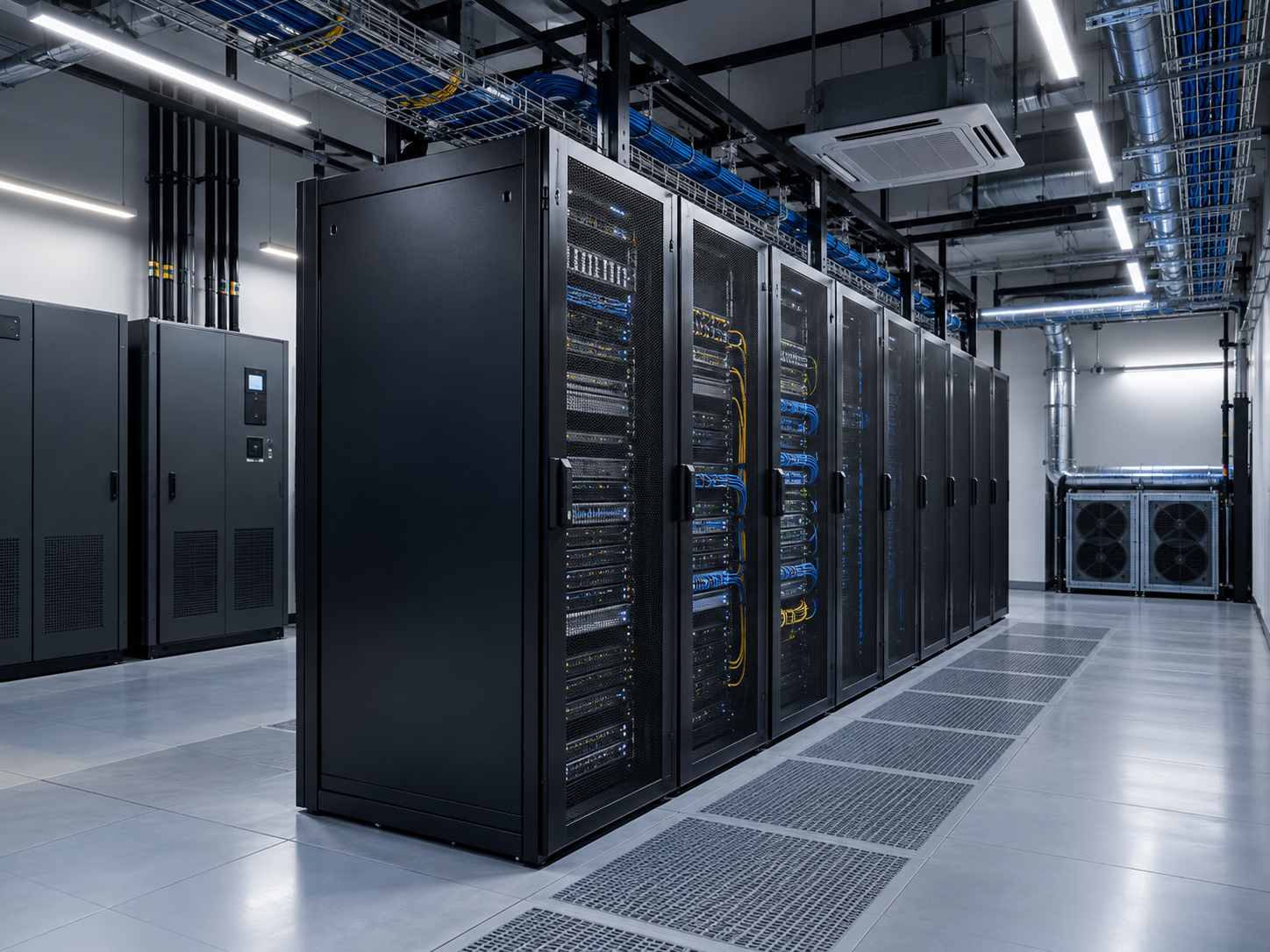 Data center modular com racks, conectividade, climatização e infraestrutura técnica