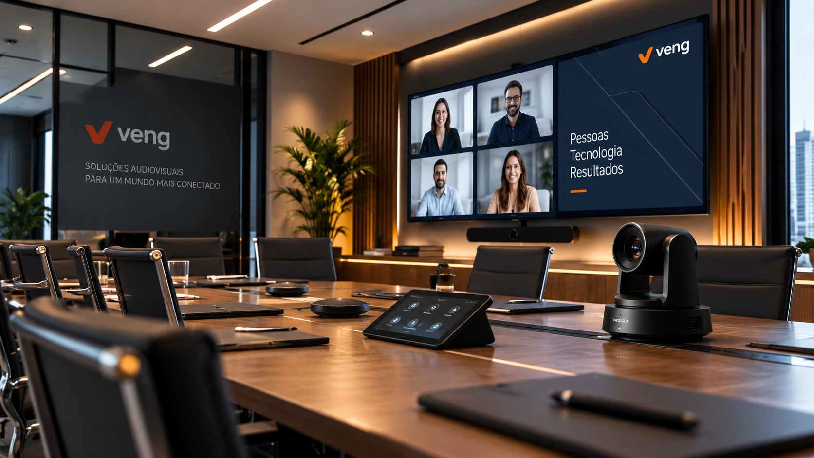 Sala corporativa para reuniões, videoconferência e colaboração profissional