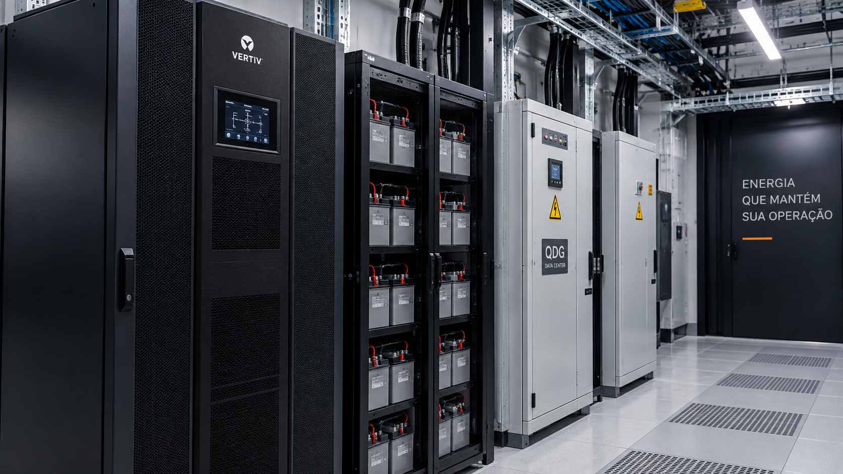 Energia crítica com UPS, baterias e infraestrutura de alimentação