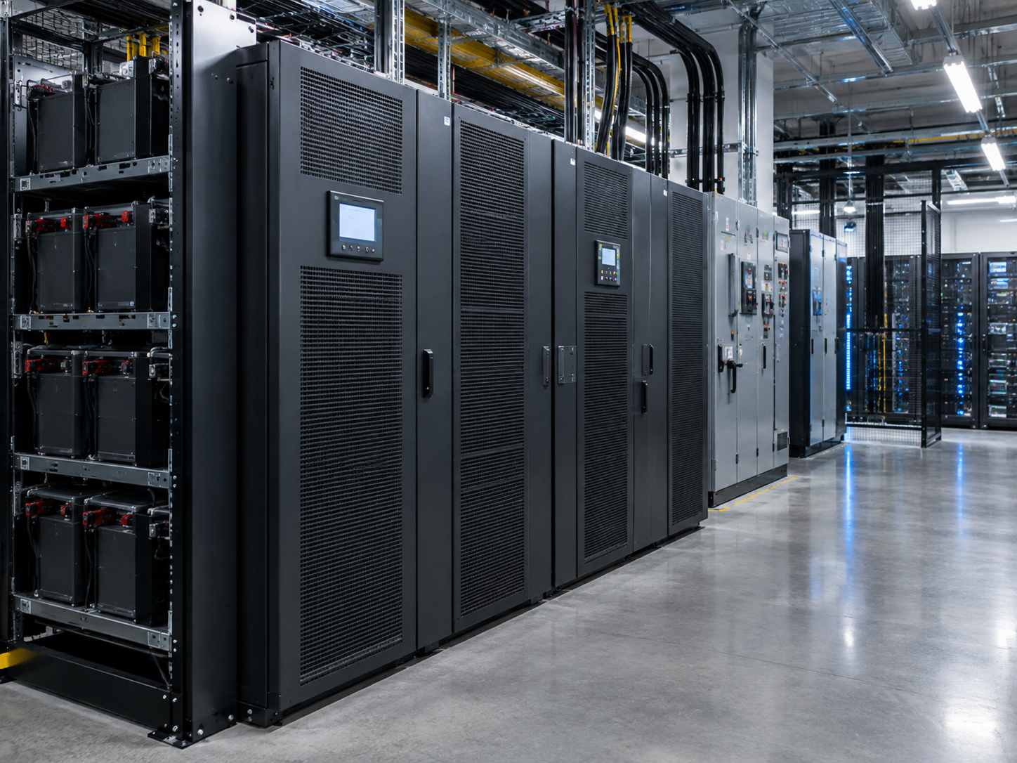 Energia crítica para data center com UPS, baterias e infraestrutura de proteção