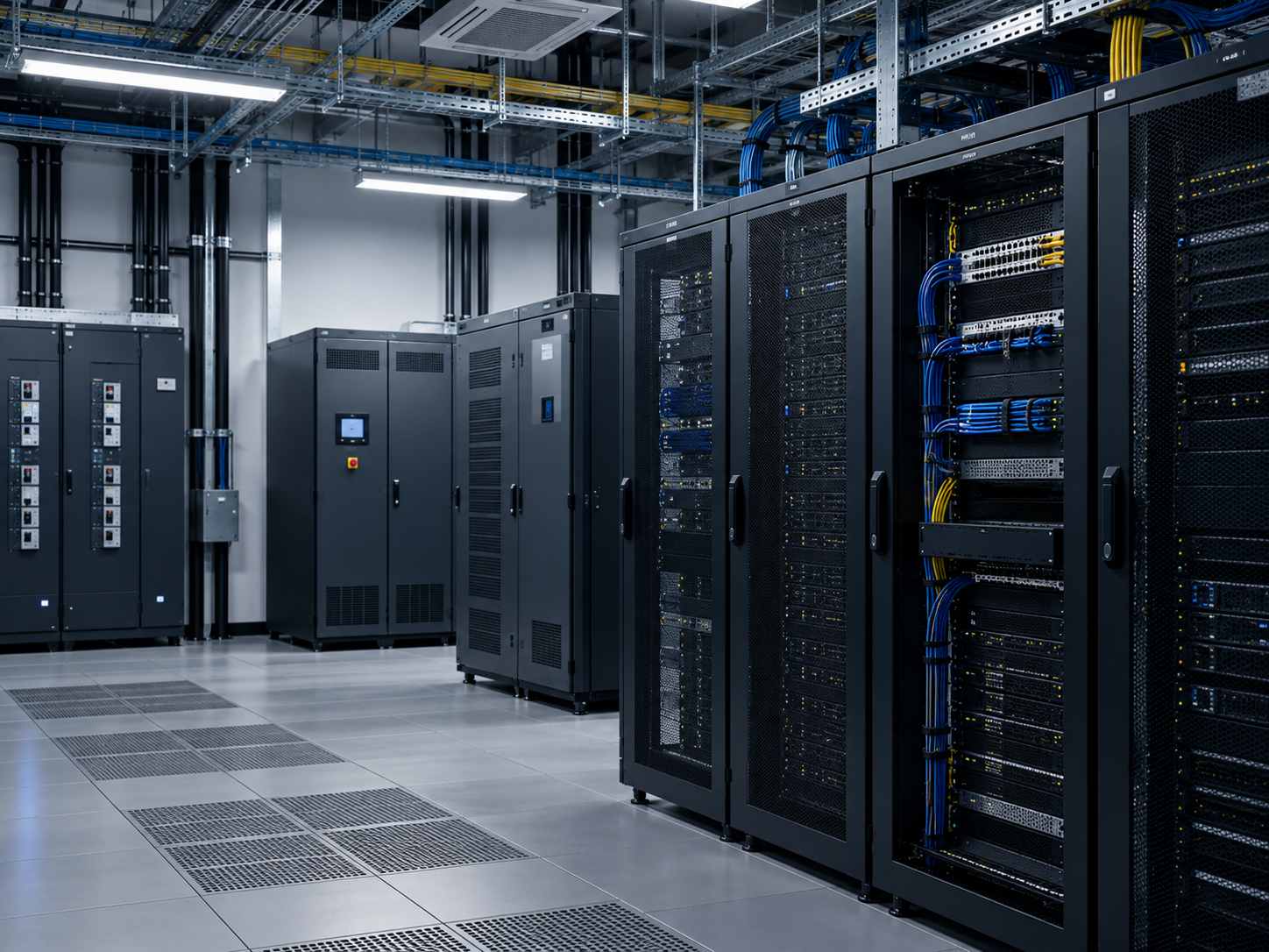 Infraestrutura de data center com racks, cabeamento organizado e energia crítica