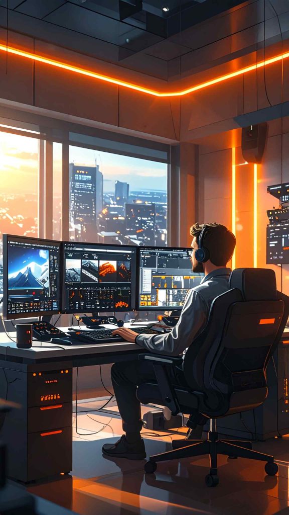 Operação ao vivo no treinamento vMix com CG, macros, multiview e equipe técnica em estúdio