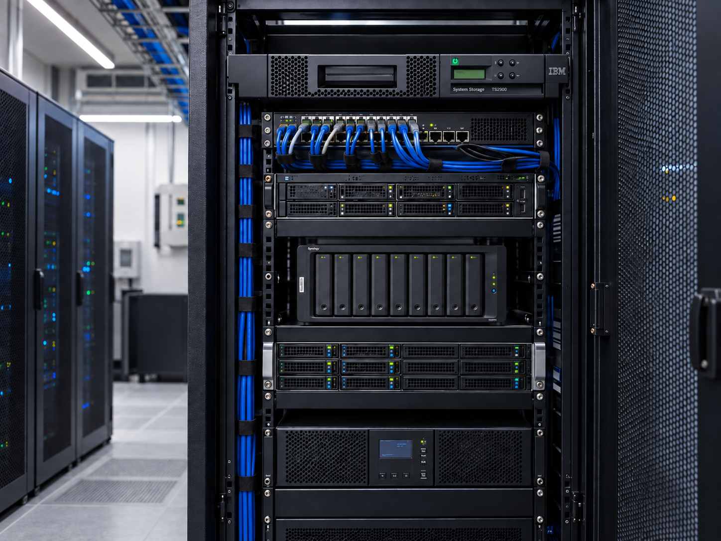Rack de data center com storage, backup e unidade LTO 9 em evidência