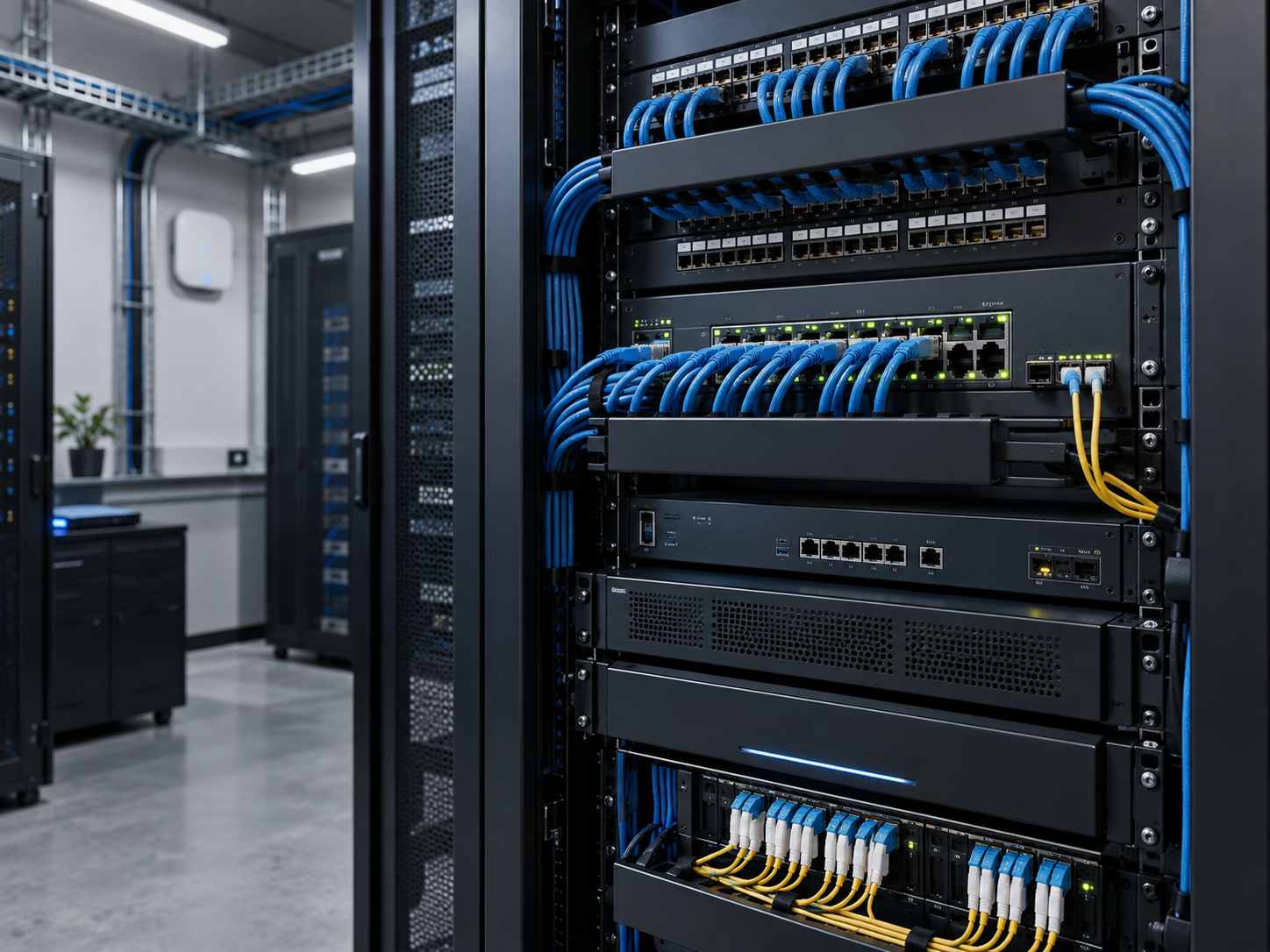 Rack de rede com switches, cabeamento estruturado, fibra óptica e conectividade