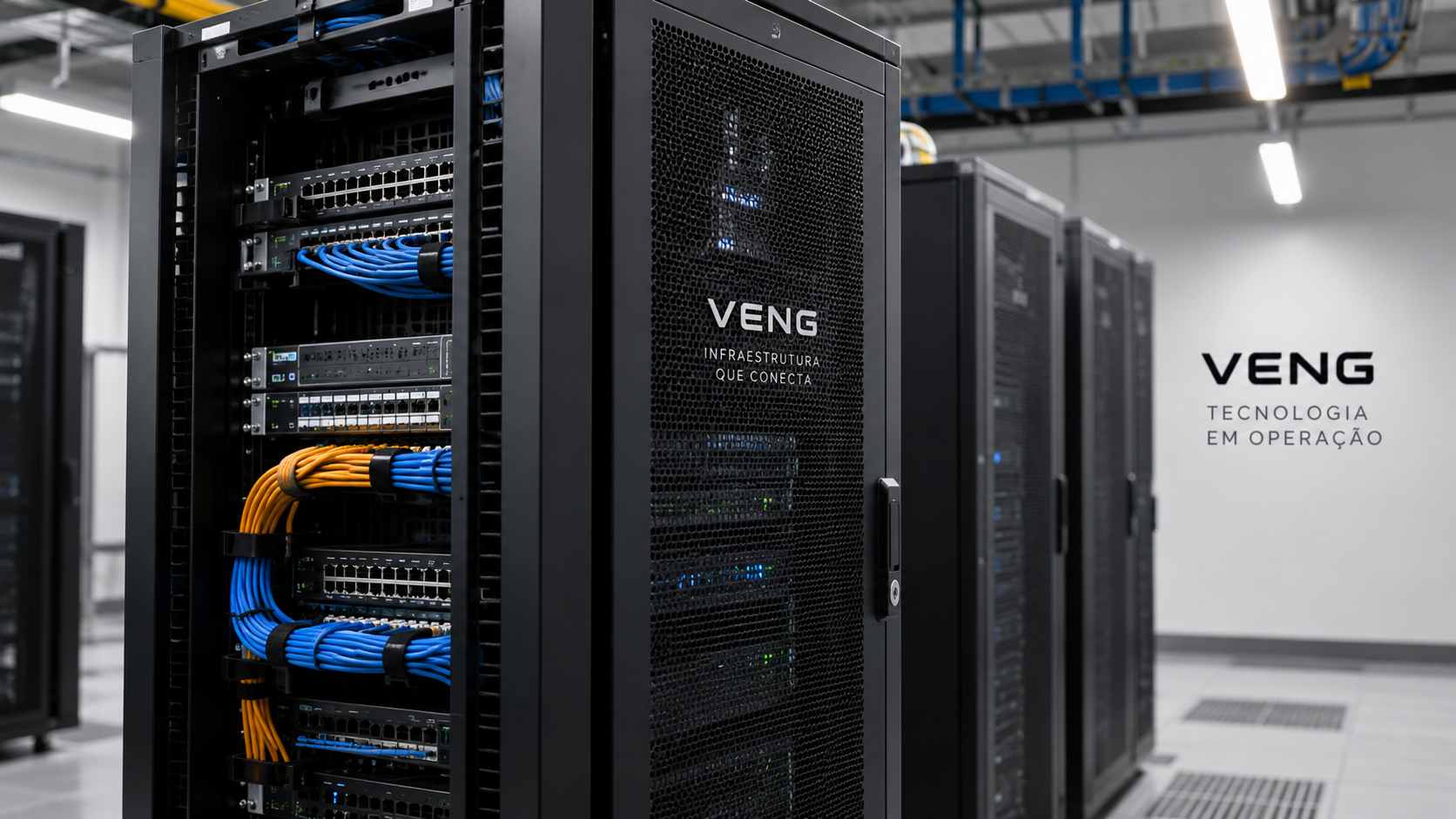 Racks e infraestrutura física com equipamentos e cabeamento organizado