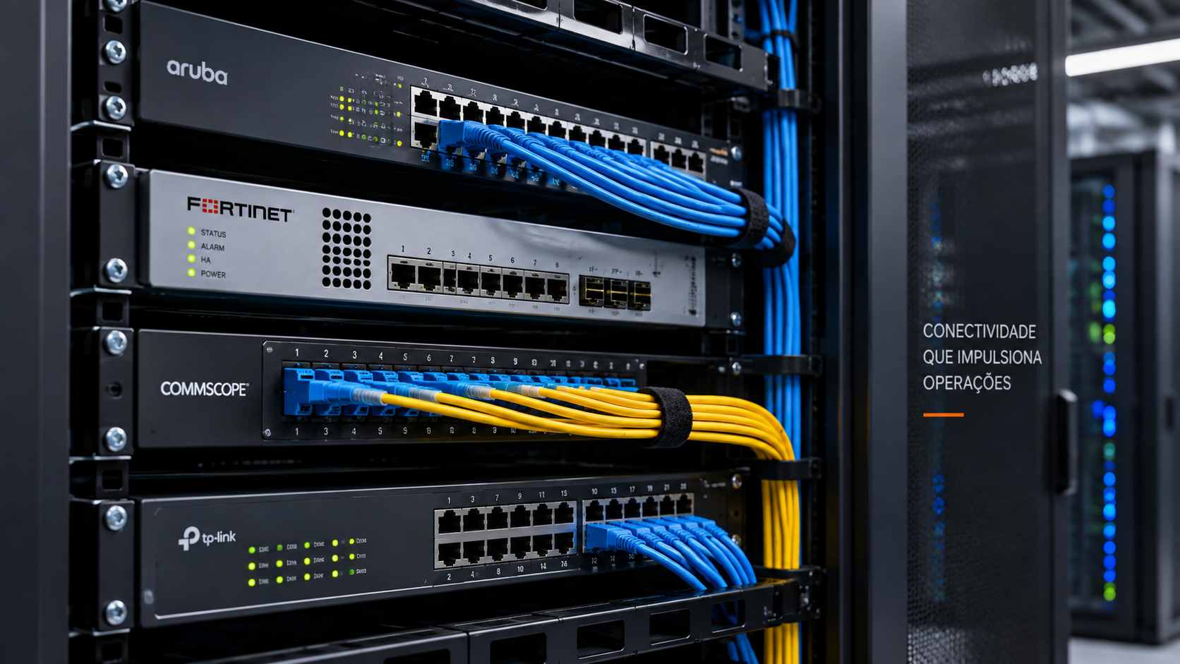 Redes e conectividade com switches, fibra óptica e cabeamento estruturado