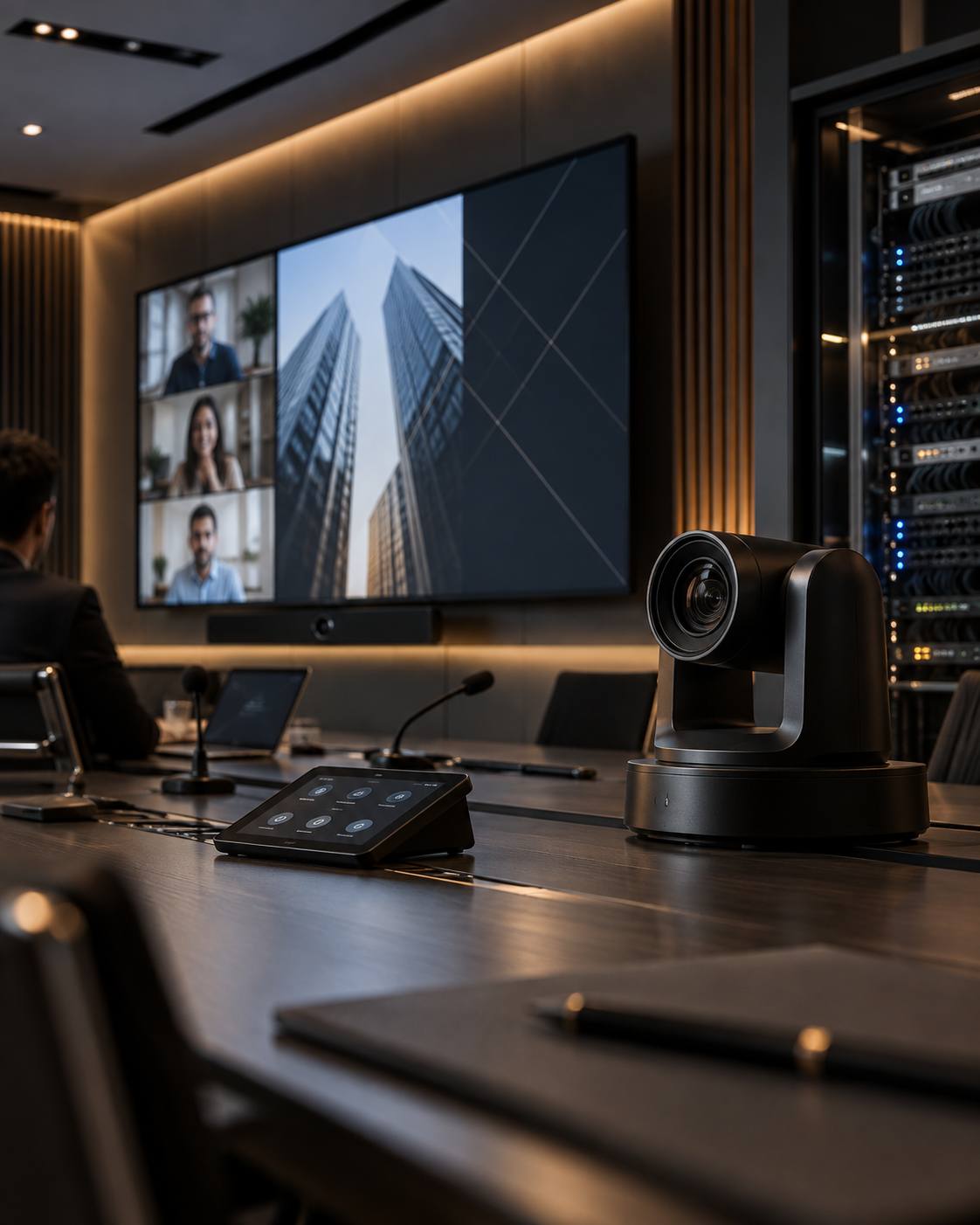 Sala corporativa com câmera PTZ, videoconferência, áudio profissional e infraestrutura de rede
