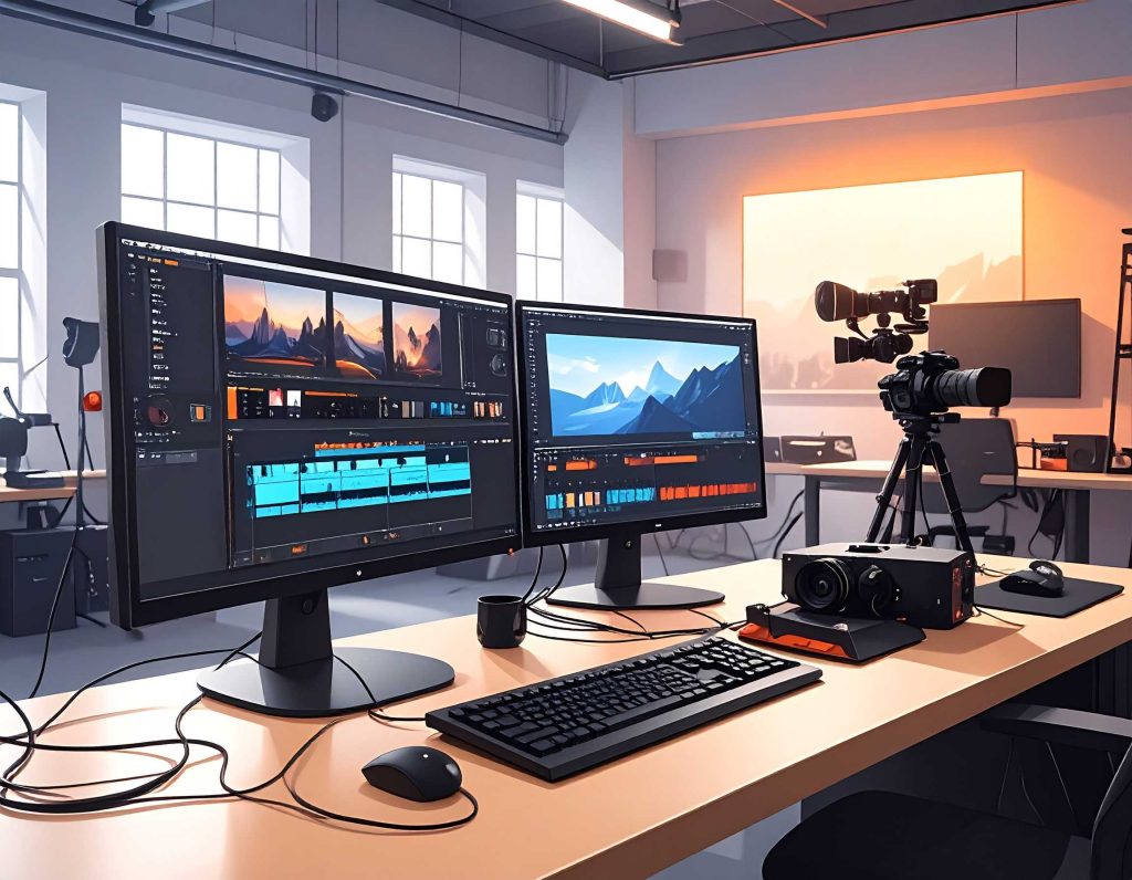 Setup inicial no treinamento vMix com computadores, câmeras e múltiplos inputs em monitores
