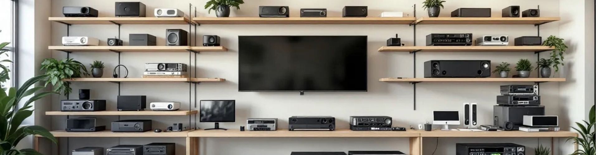 Showroom corporativo simples com prateleiras exibindo projetores, câmeras de vídeo, monitores e servidores. Showroom corporativo simples com prateleiras exibindo projetores, câmeras de vídeo, monitores e servidores.