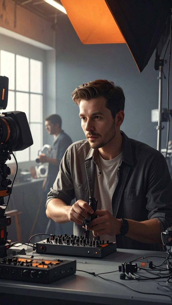 Equipe realizando manutenção em equipamentos de audiovisual em set de filmagem – VENG